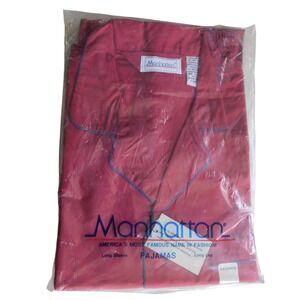 Vintage NIP Manhattan Men's Pajamas, Size XL, Burgundy W/Navy Blue Trim, Grandpa